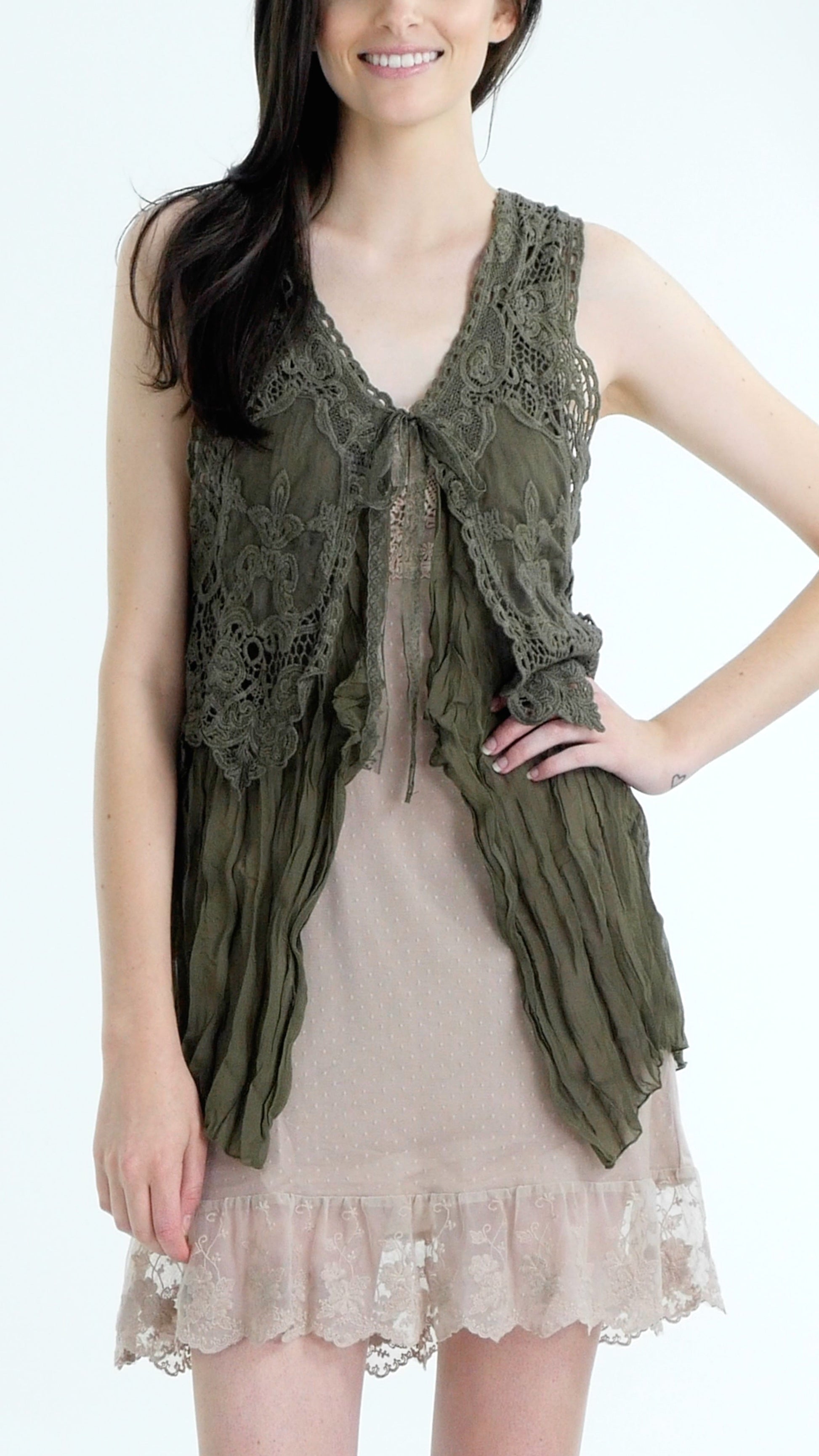 Short Lace Chiffon Vest with lace tie on the chest - Shop Lev