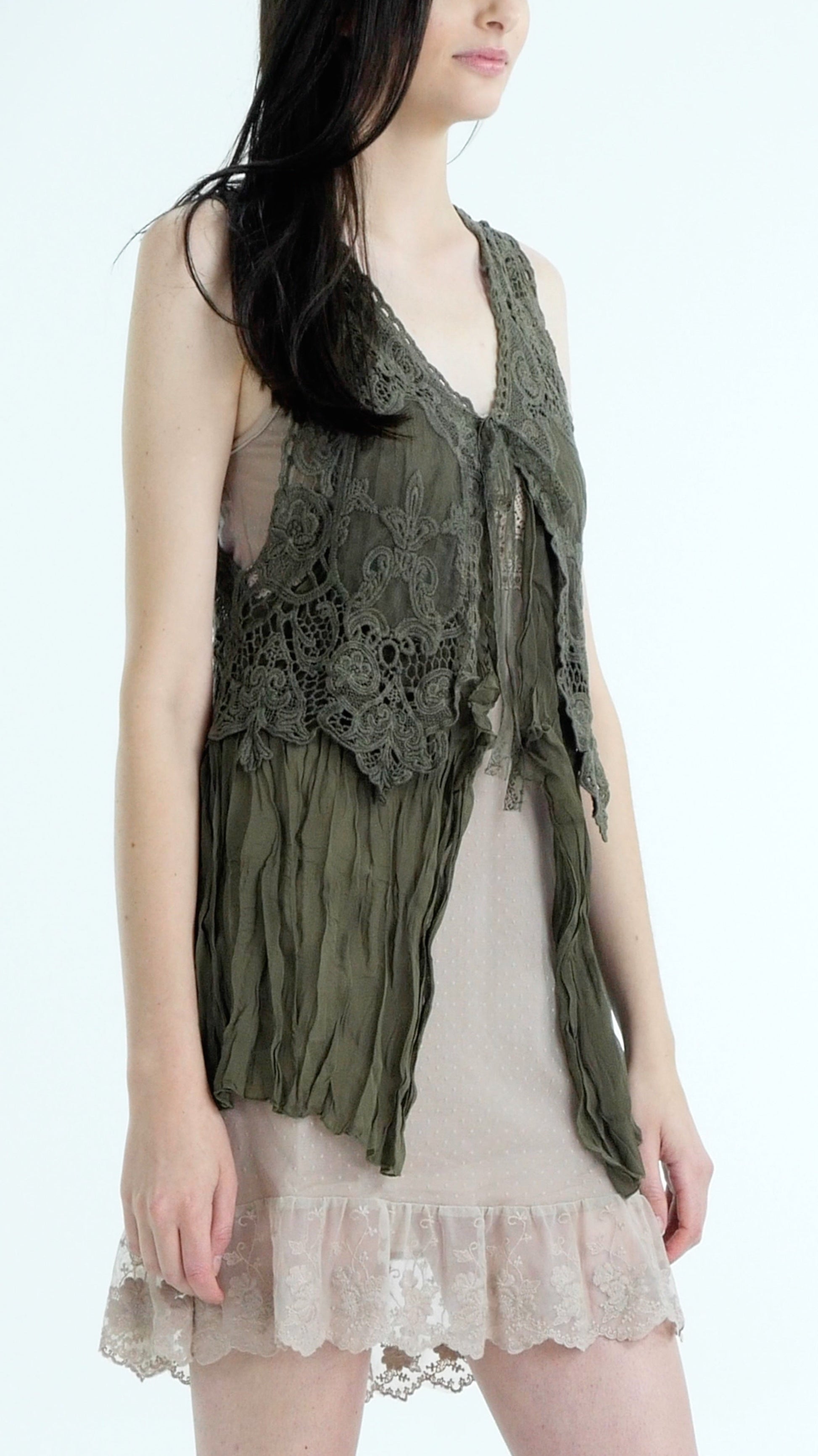 Short Lace Chiffon Vest with lace tie on the chest - Shop Lev