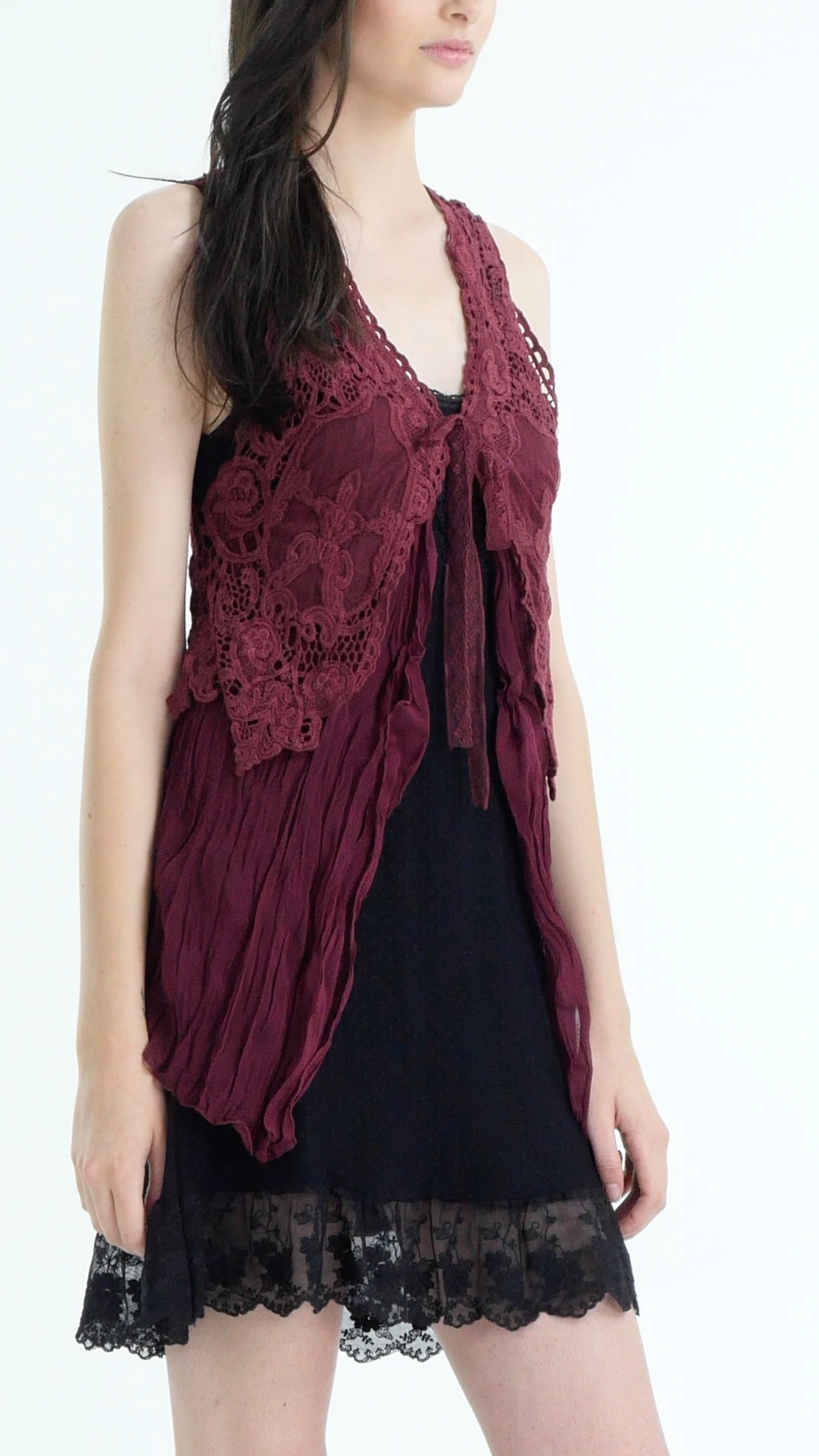 Short Lace Chiffon Vest with lace tie on the chest - Shop Lev