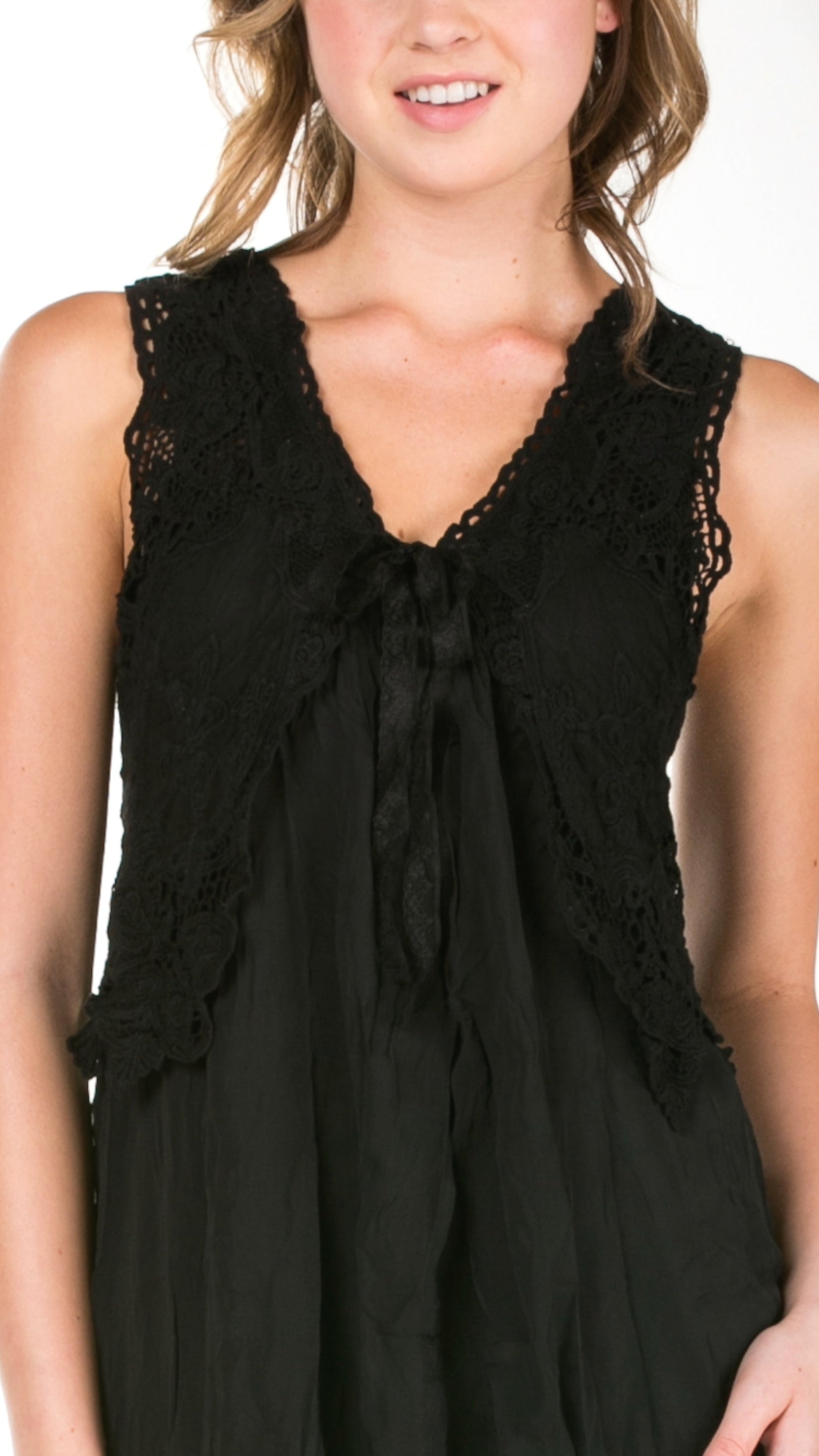 Lace Chiffon Long Lace Vest with lace tie on the chest - Shop Lev
