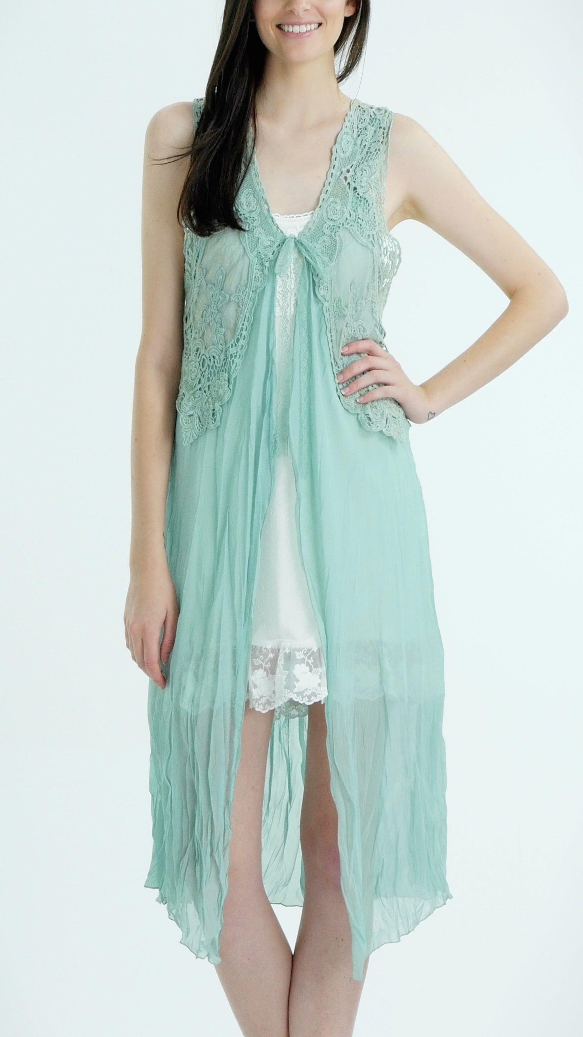 Lace Chiffon Long Lace Vest with lace tie on the chest - Shop Lev