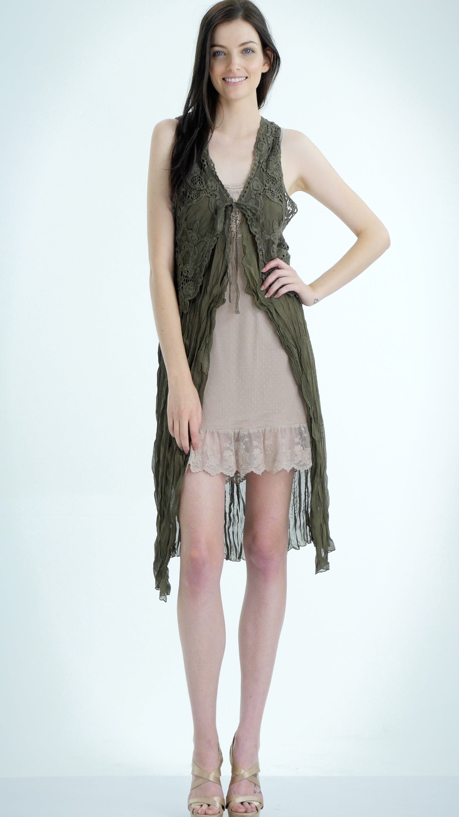 Lace Chiffon Long Lace Vest with lace tie on the chest - Shop Lev