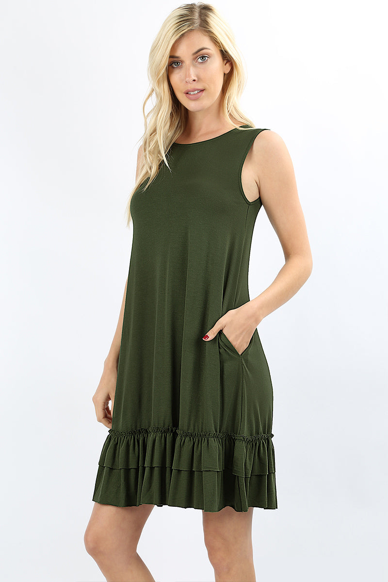 Women Scoop Neck Sleeveless Flare Ruffle Dress with Pockets