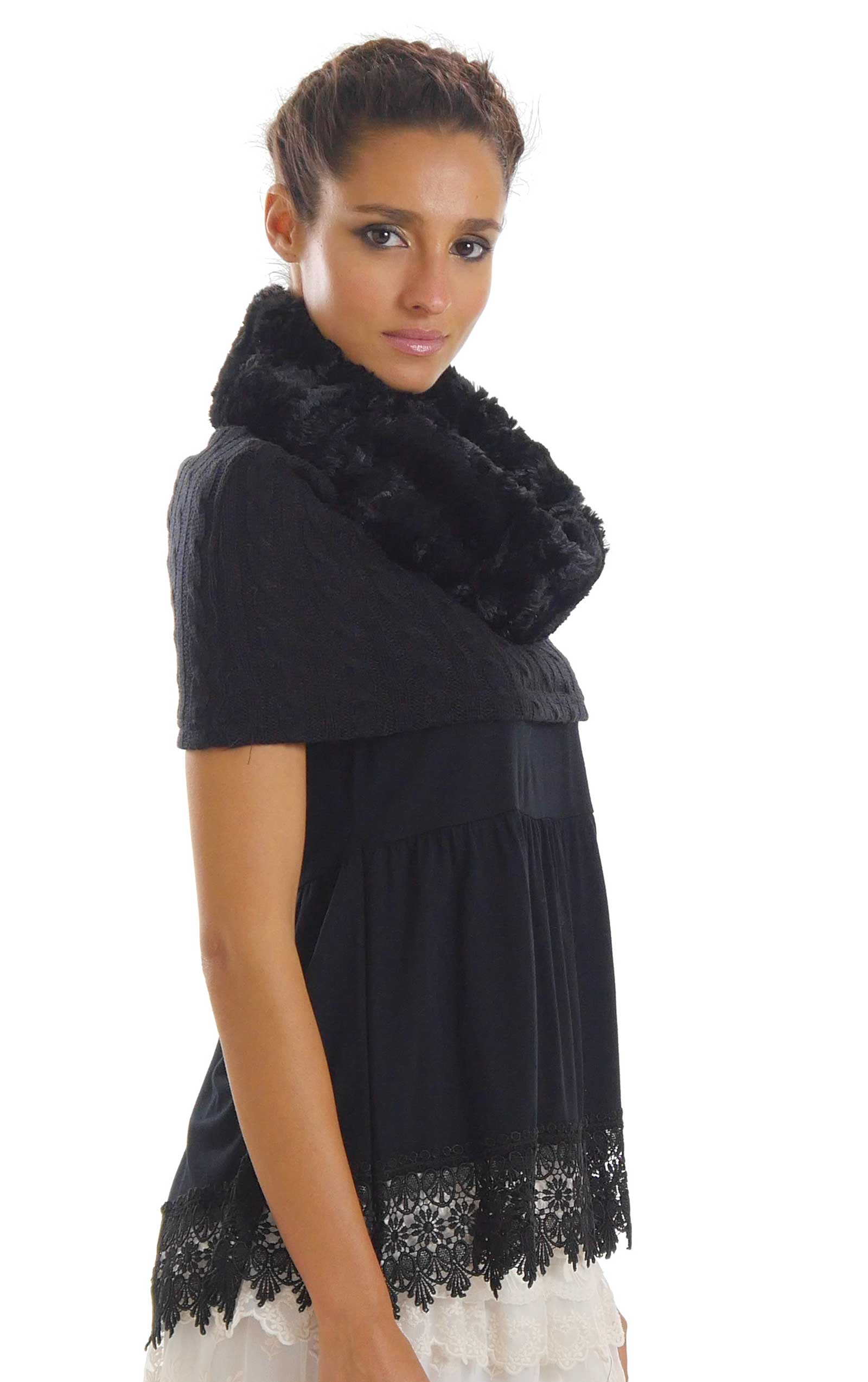 Faux fur Neck Warmer with Shoulder Covered Cable Knit Capelet - Shop Lev