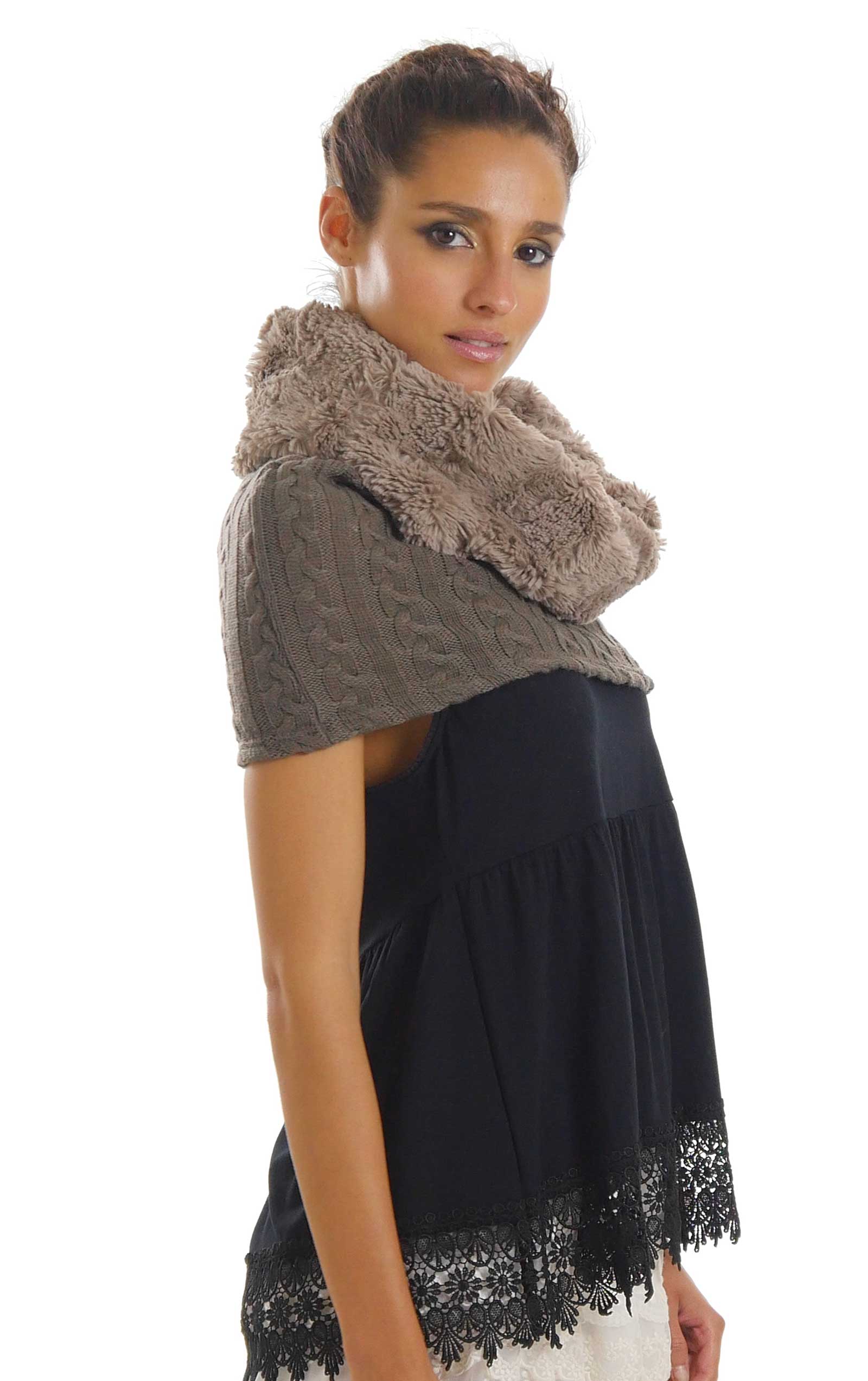 Faux fur Neck Warmer with Shoulder Covered Cable Knit Capelet - Shop Lev