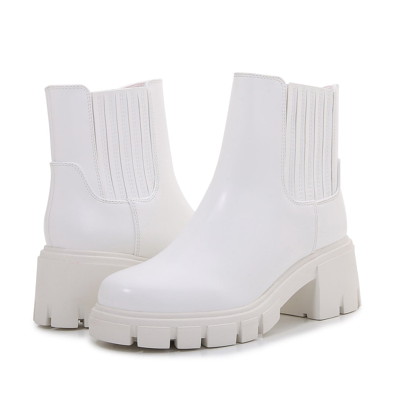 Women PU Leather Chunky Platform Chelsea Boots Zip Up Ankle Booties