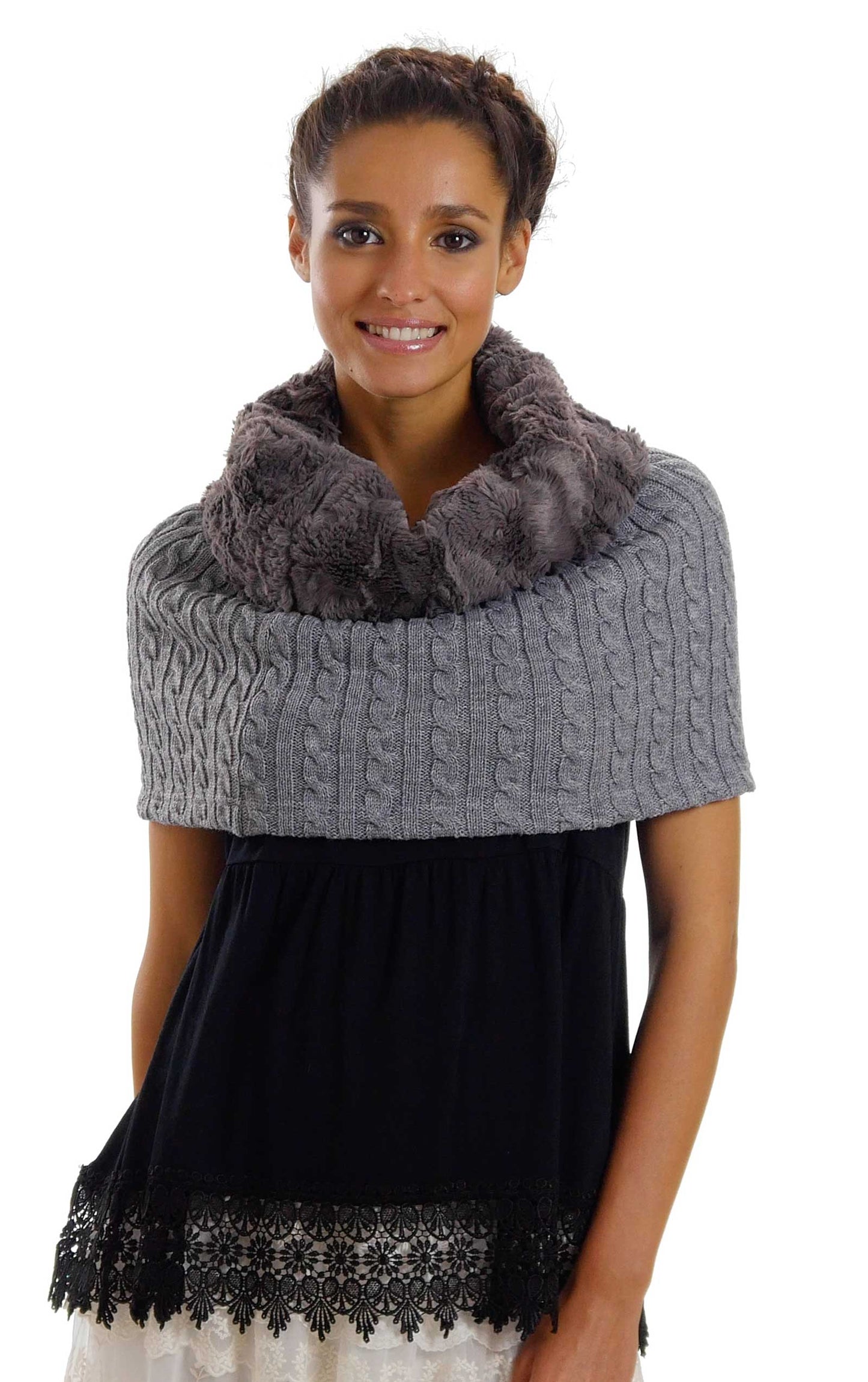 Faux fur Neck Warmer with Shoulder Covered Cable Knit Capelet - Shop Lev