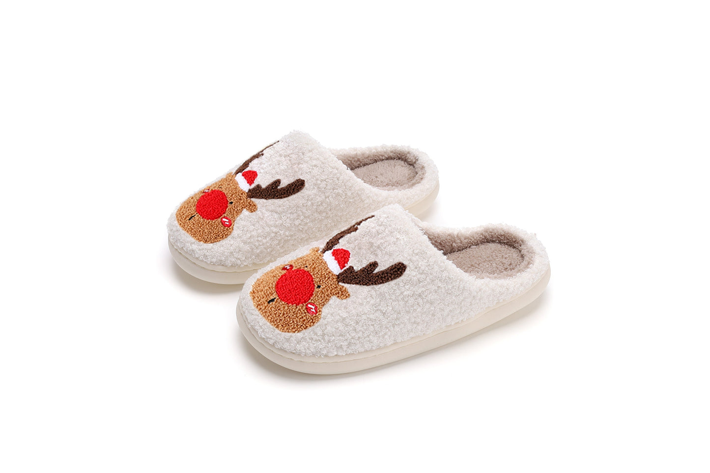 Christmas Reindeer Illustrated Comfort Cozy Plush Fluffy Fur Slip On Cushion Slippers
